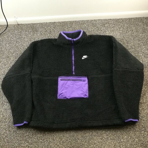 Nike Jacket Sherpa Club Fleece Anorak 1/2 Zip DQ4880-010 Black Purple Mens Small - Picture 2 of 9